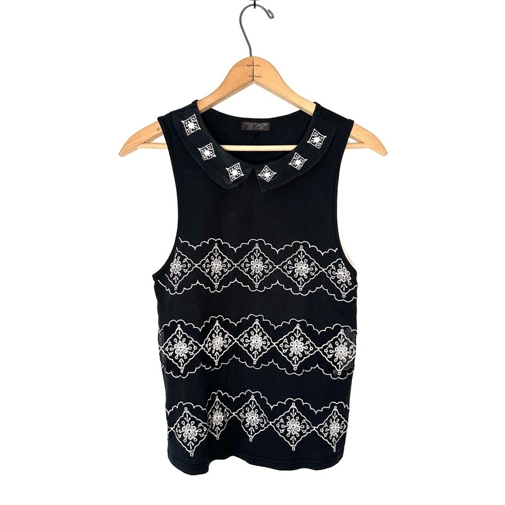 Topshop | Black Embroidered Collared Sleeveless Top Size 2